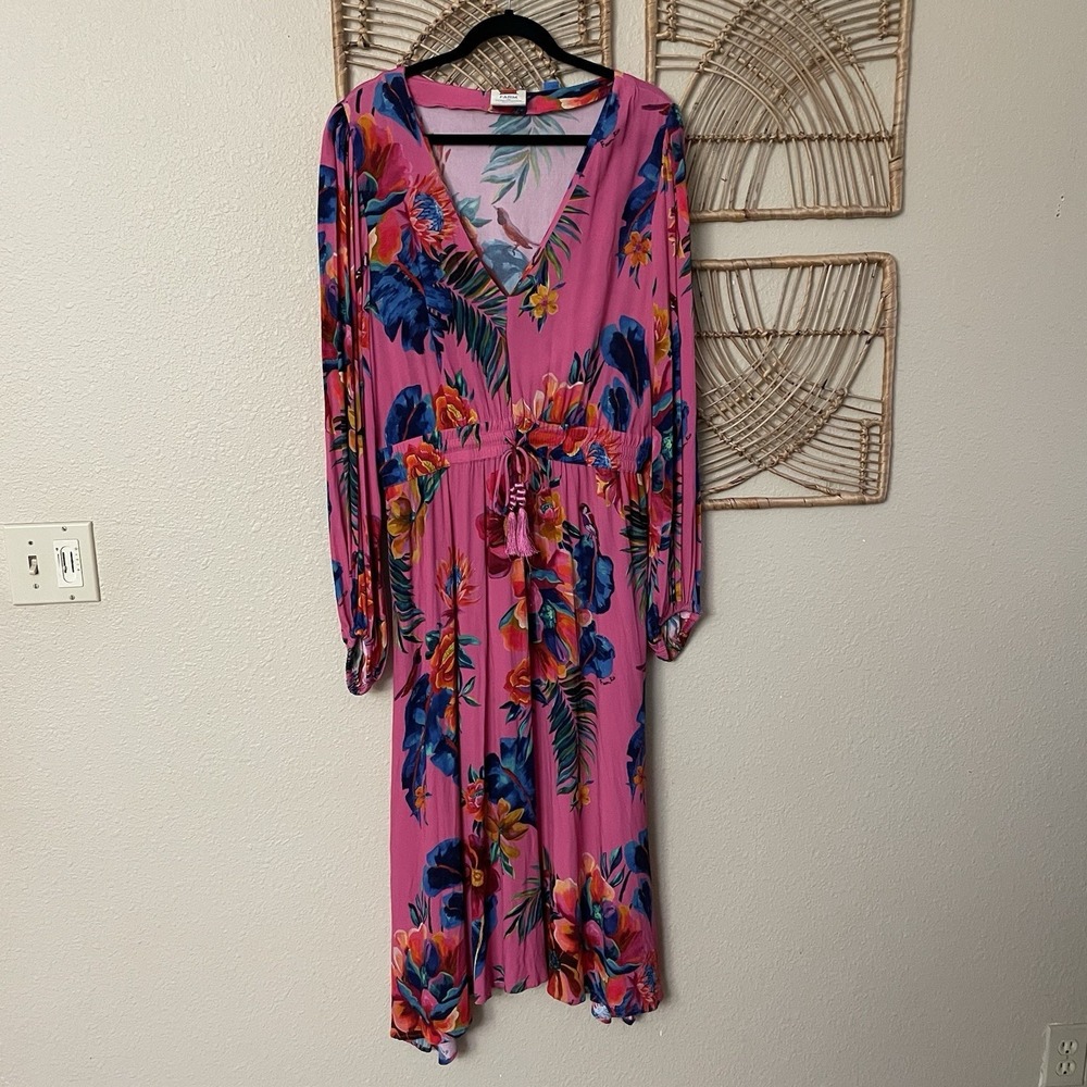 Farm Rio V-Neck Long Sleeve Floral Midi Dress Boho Tropical Pink Sz L B39 - Picture 5 of 15